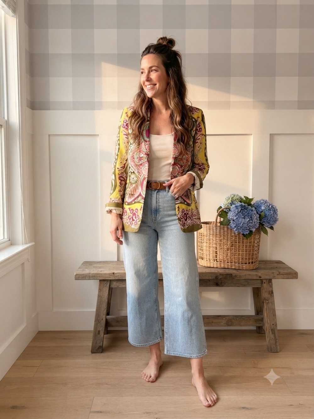 Zara Linen Paisley Open Blazer in Yellow and Pink Small